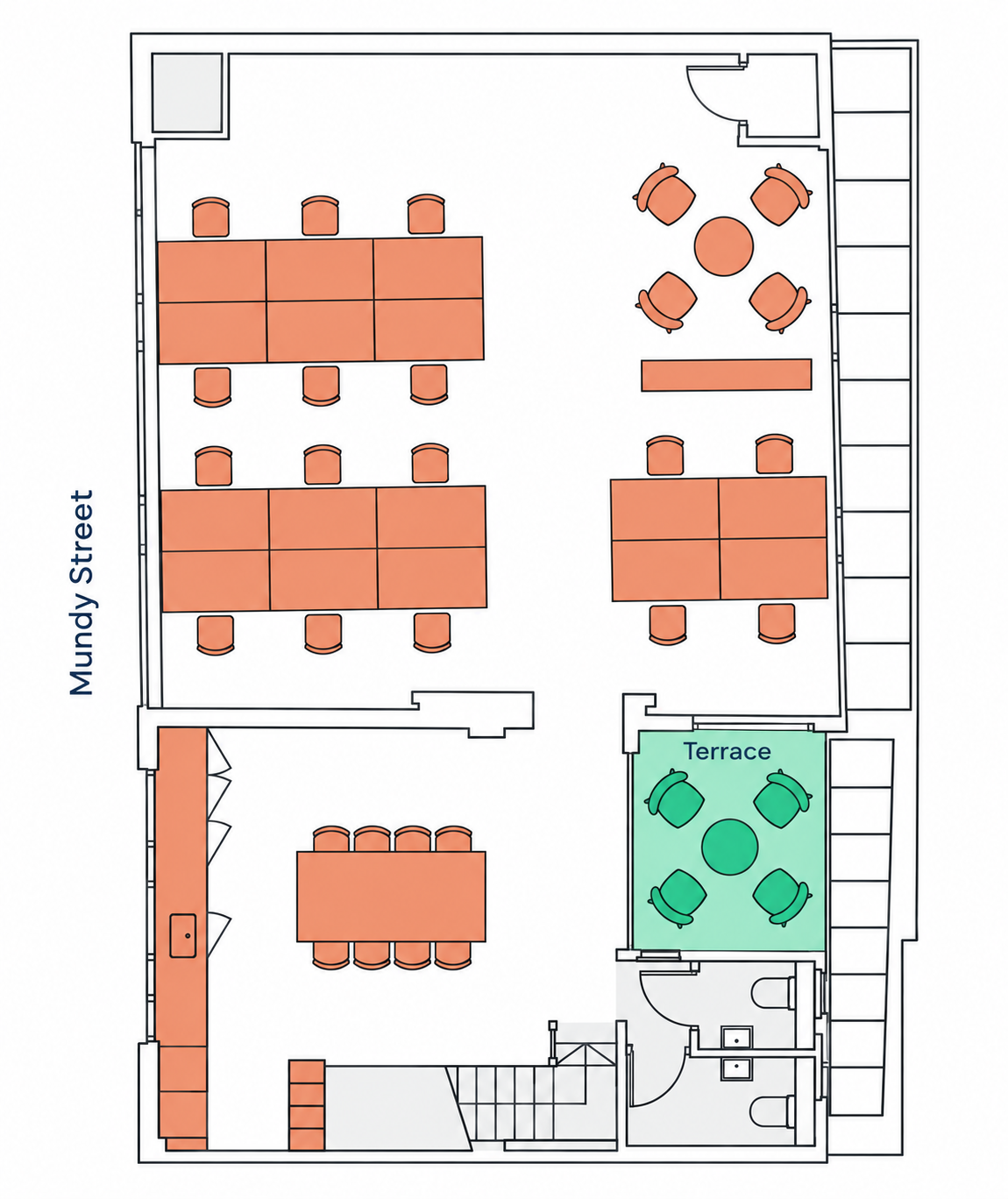 Redrawn first-floor tenant fit-out plan showing open-plan desks, kitchen, breakout space and terrace, with Mundy Street along the bottom